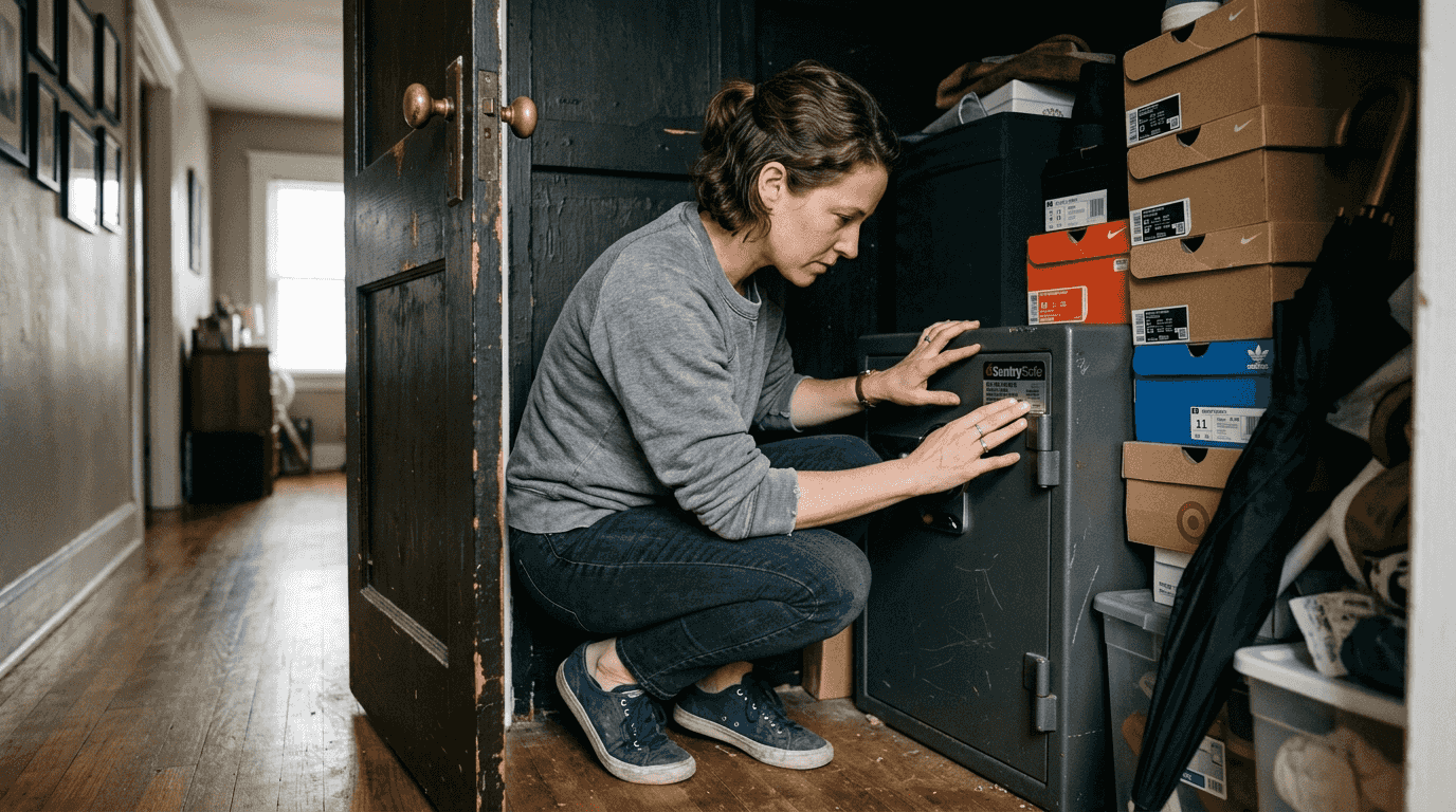 Woman checking fire rating on home safe
