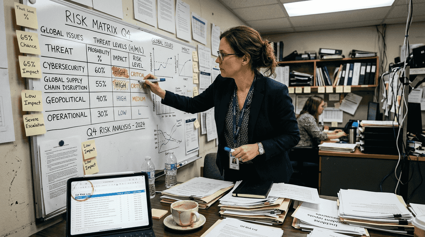 Analyst updating risk matrix on whiteboard