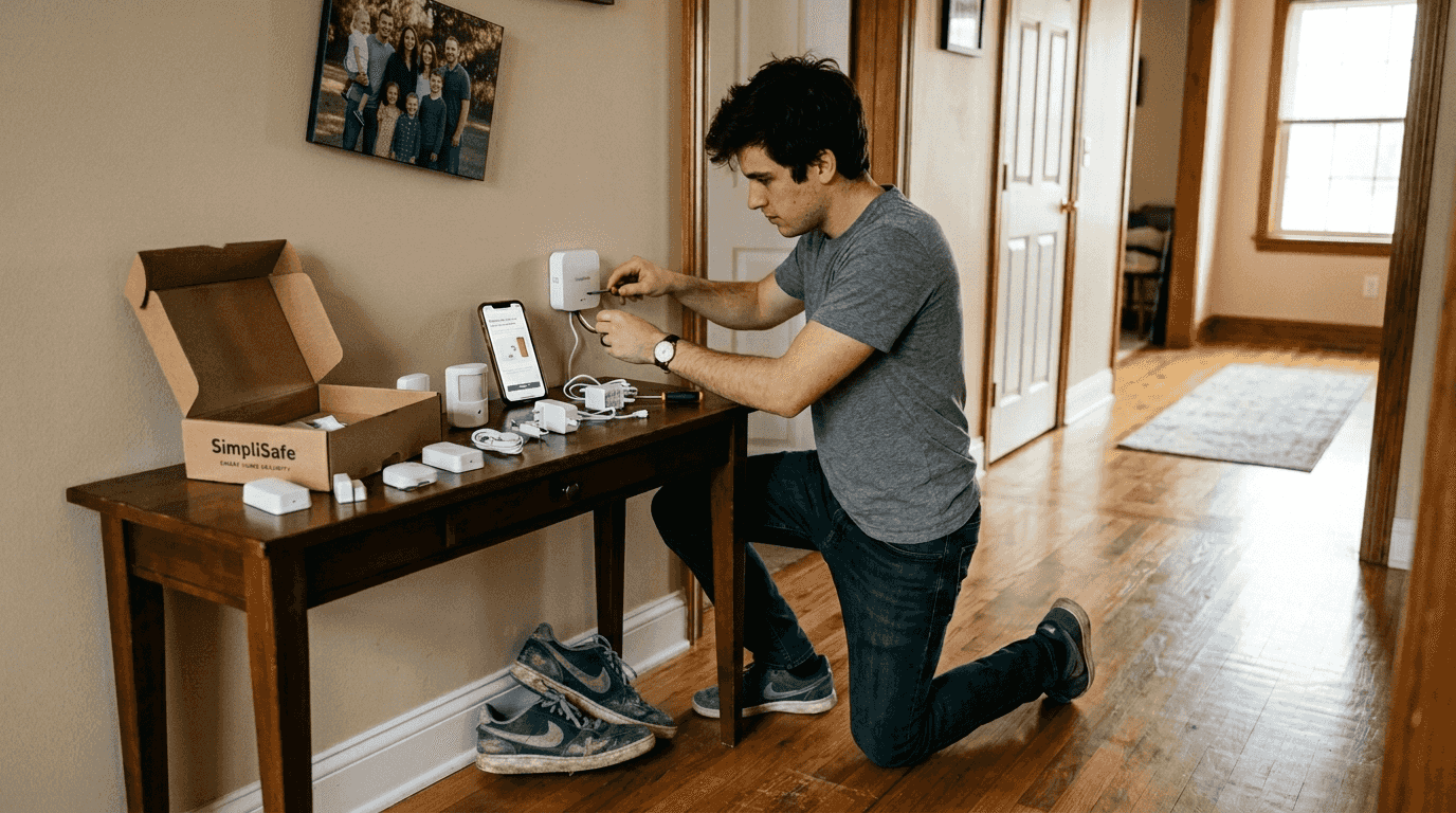 Man setting up smart home security system