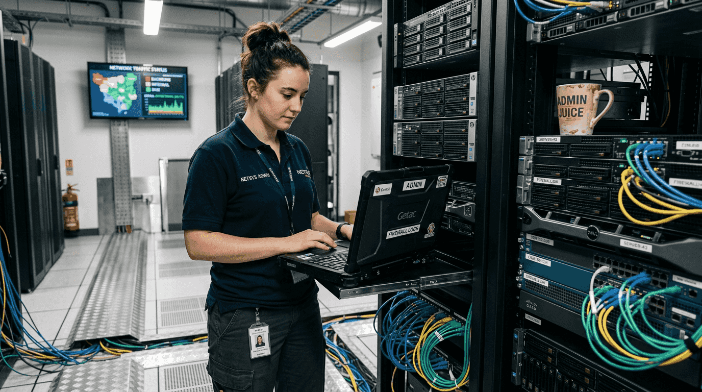Admin monitoring firewall controls in server room