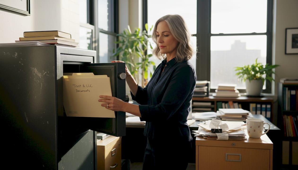 Woman secures documents in office safe