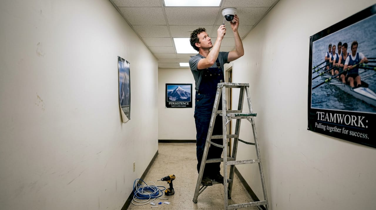 Technician installs security camera in hallway