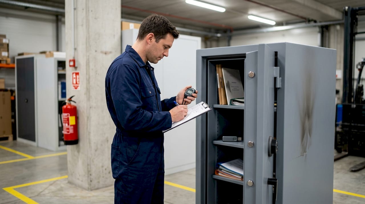 Technician monitoring fire-resistant safe test