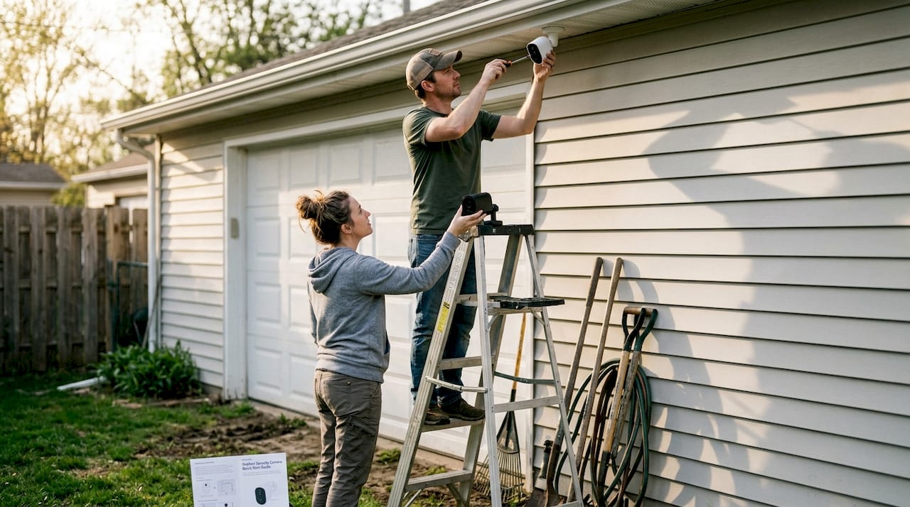 Couple installing security camera together