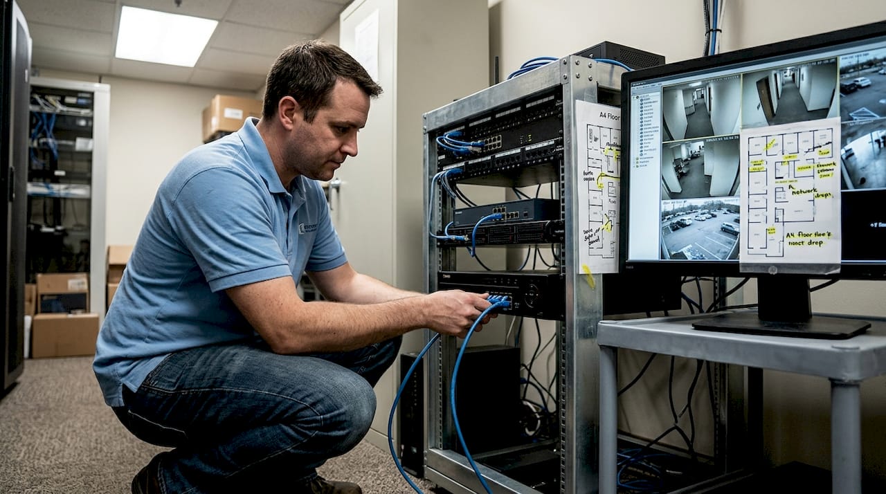 Technician adjusting security system equipment