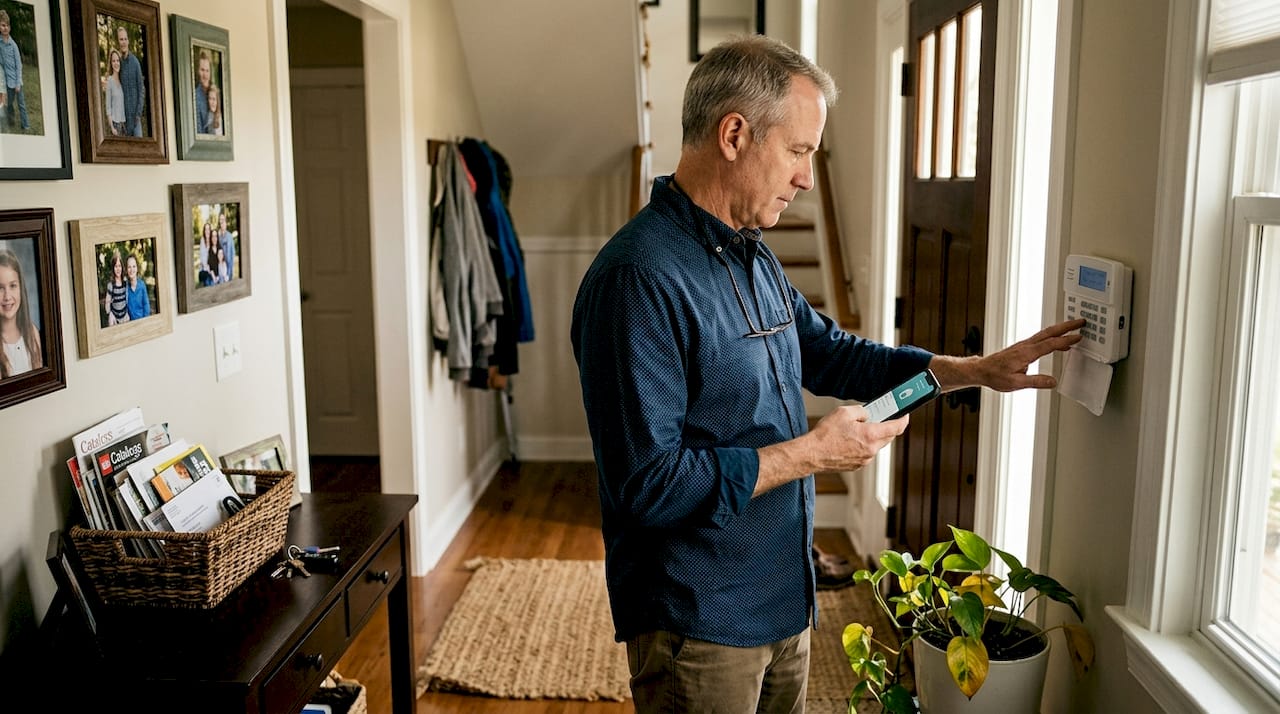 Homeowner setting alarm system in hallway
