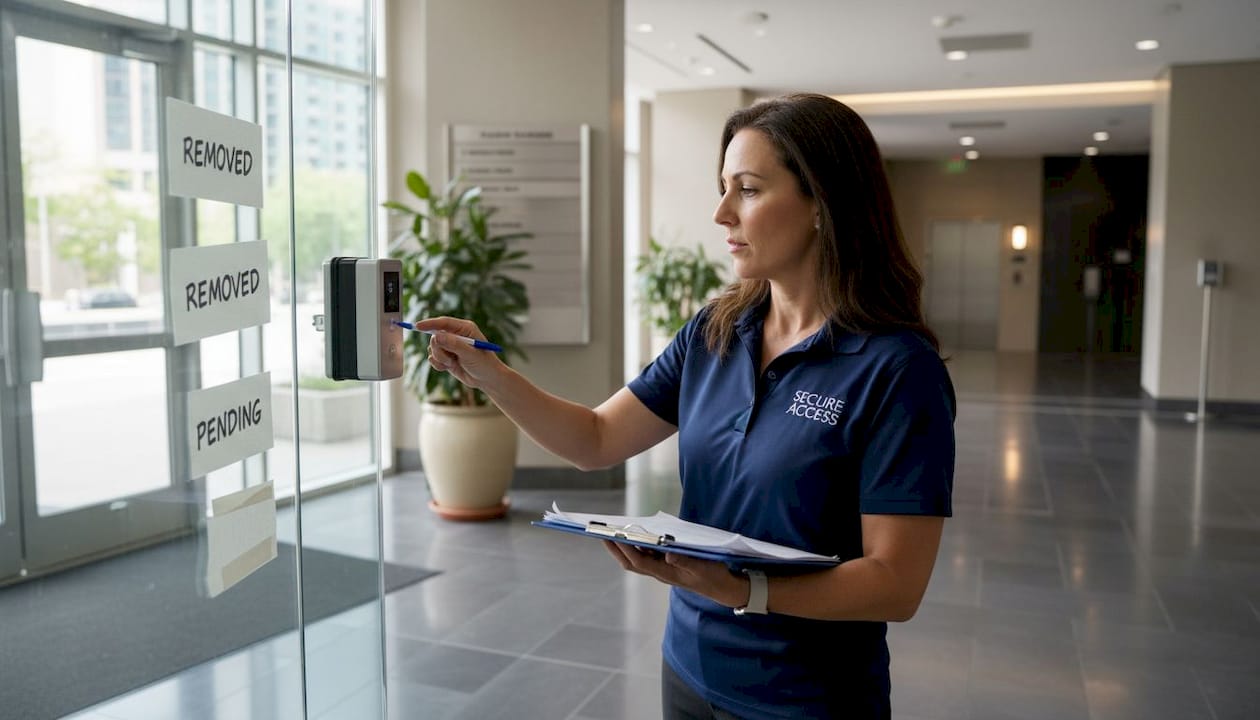 Consultant inspecting access control in office lobby