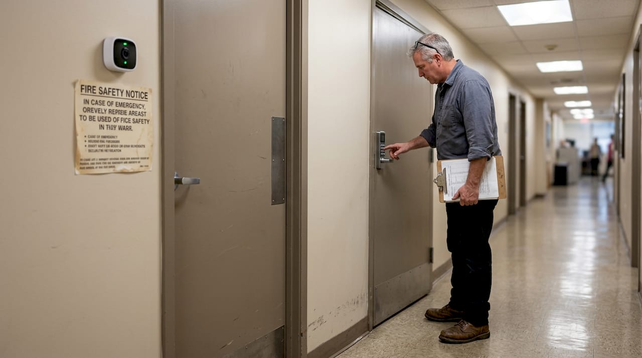 Manager inspects keypad lock and security camera