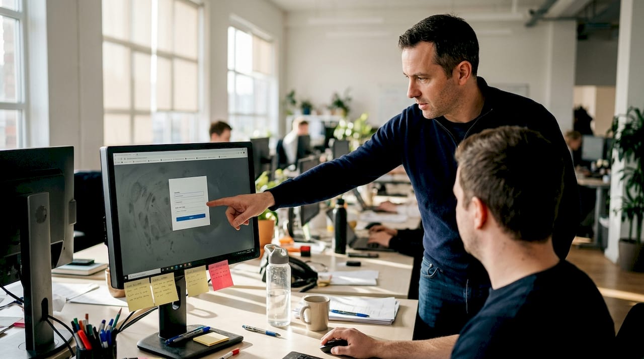 Office scene coworker assists with login 2FA