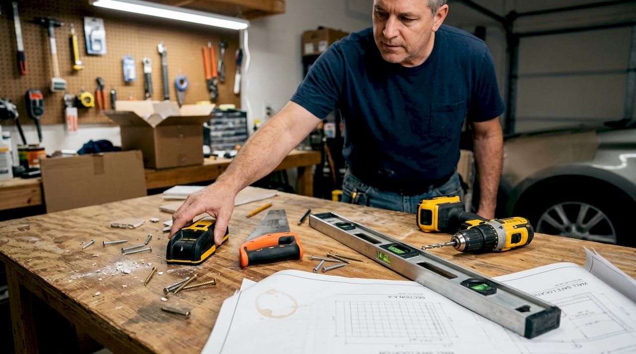 Wall safe installation tools on work table