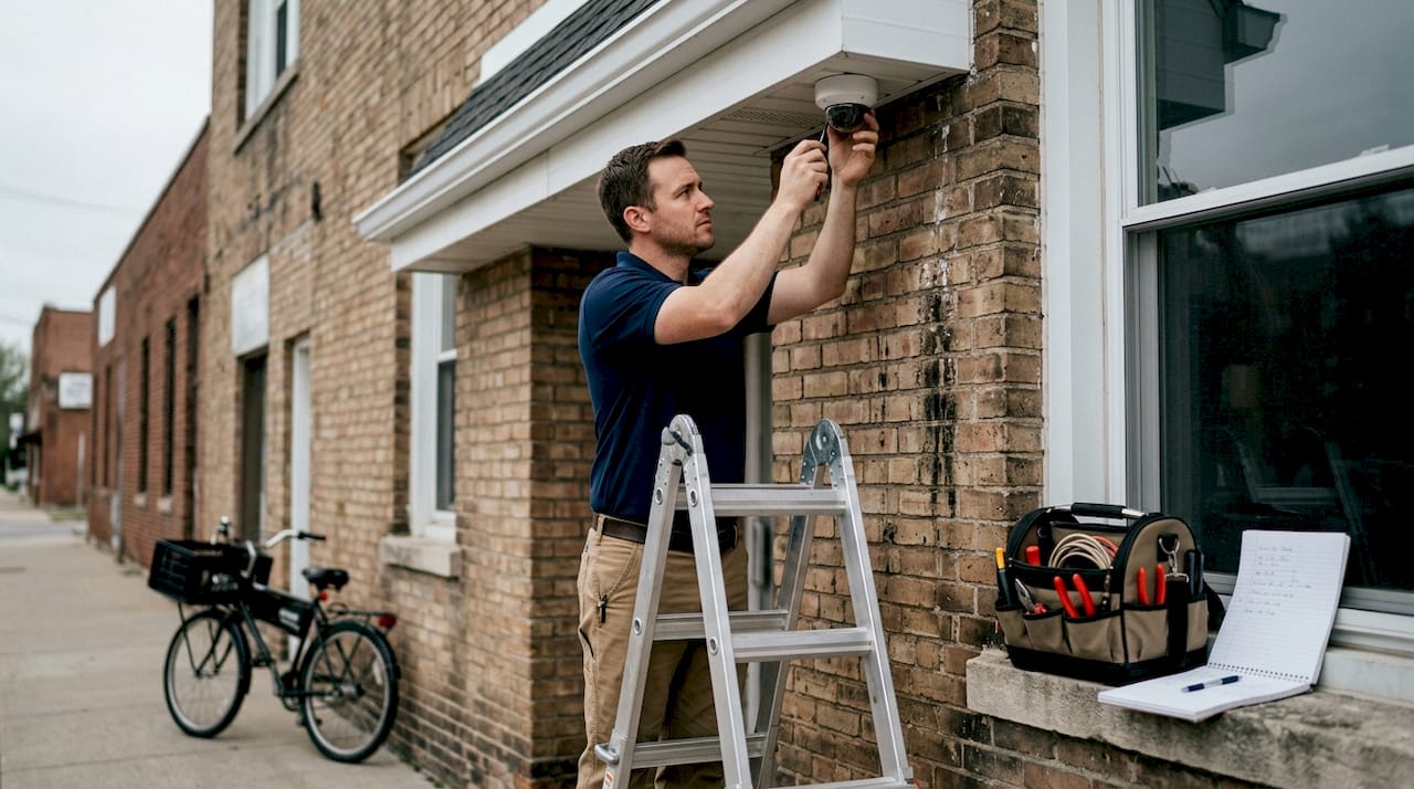 Technician adjusting outdoor surveillance camera