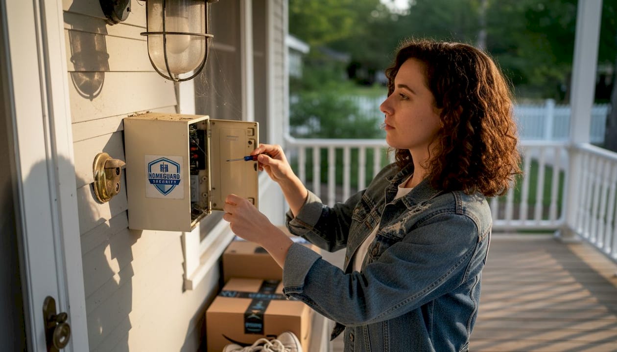 Resident adjusting visible alarm box on porch