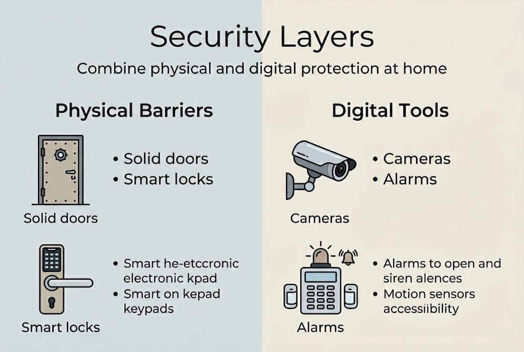 Infographic showing home security layers and tools