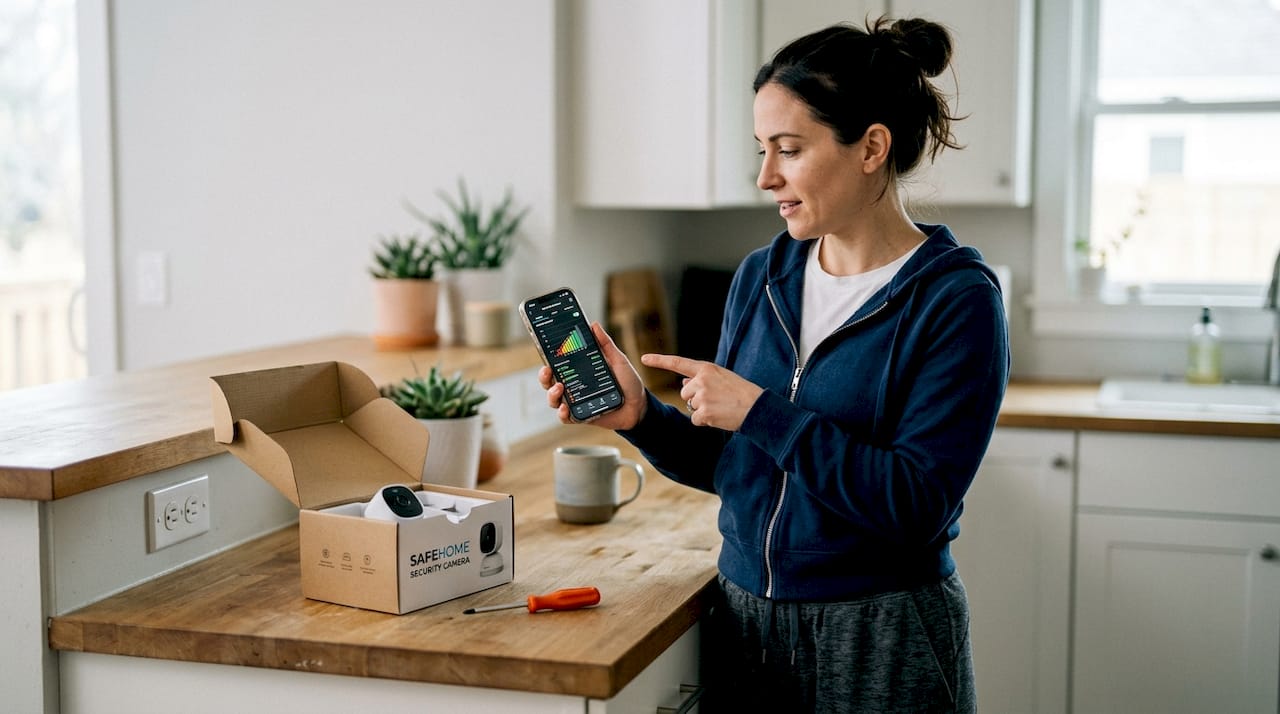 Woman testing Wi-Fi where camera installed