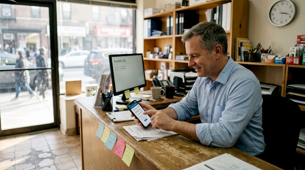 Shop owner using smart lock app at counter