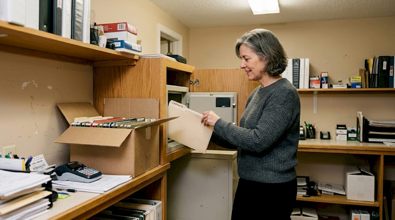 Business owner using wall safe in supply room