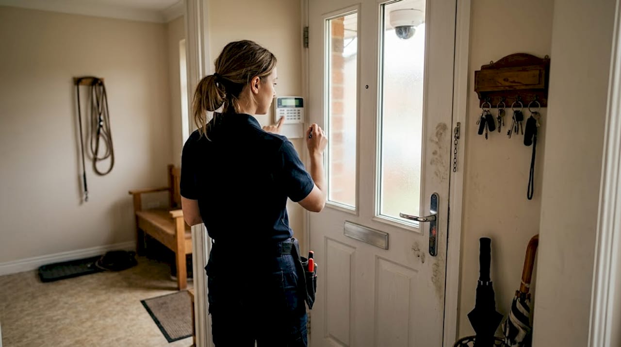 Technician testing alarm keypad and security camera