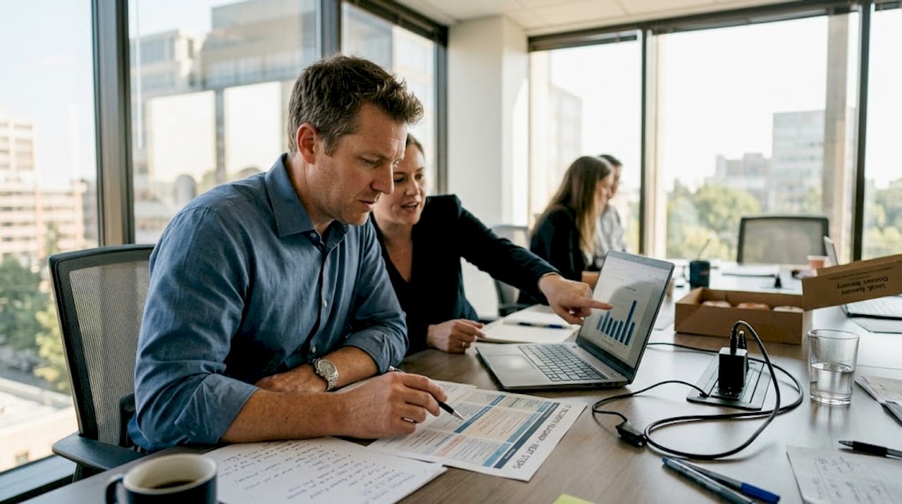 Team reviewing printed security upgrade roadmap