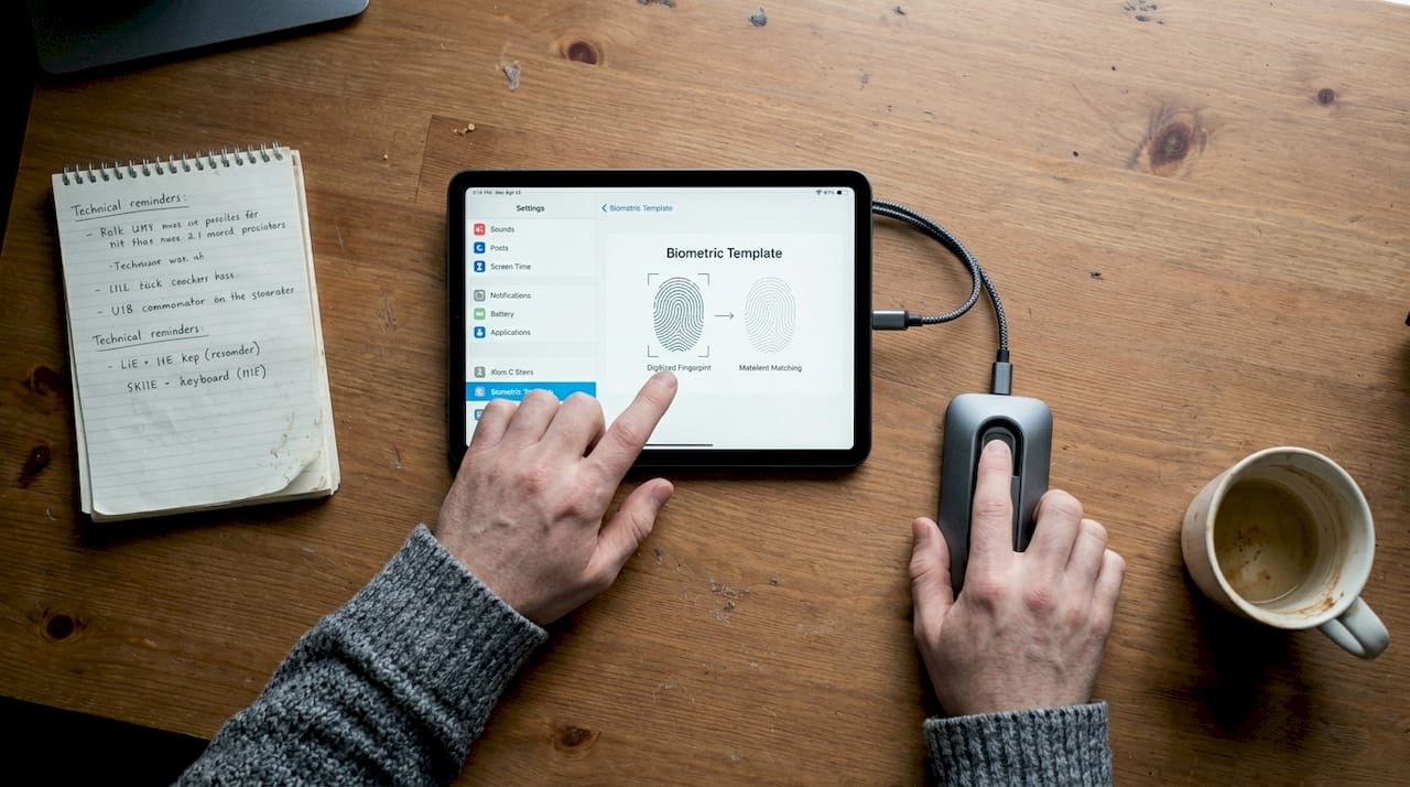 Hands using biometric device with data template screen