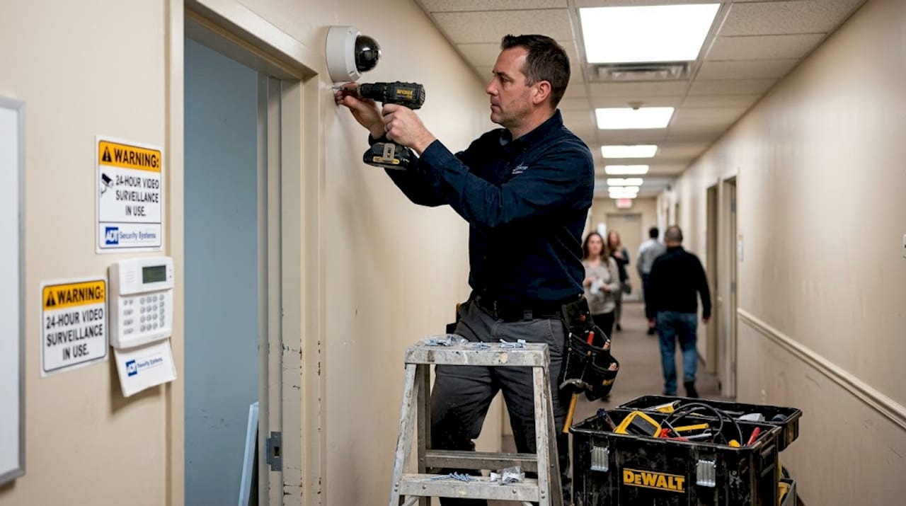 Installer mounting office security camera