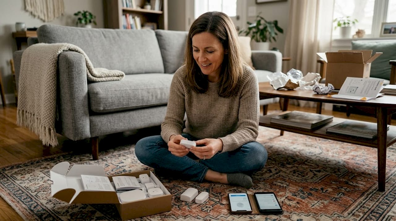 Woman testing smart home security sensor