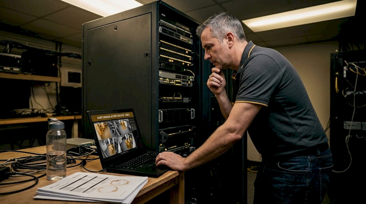 IT technician analyzes AI video alerts