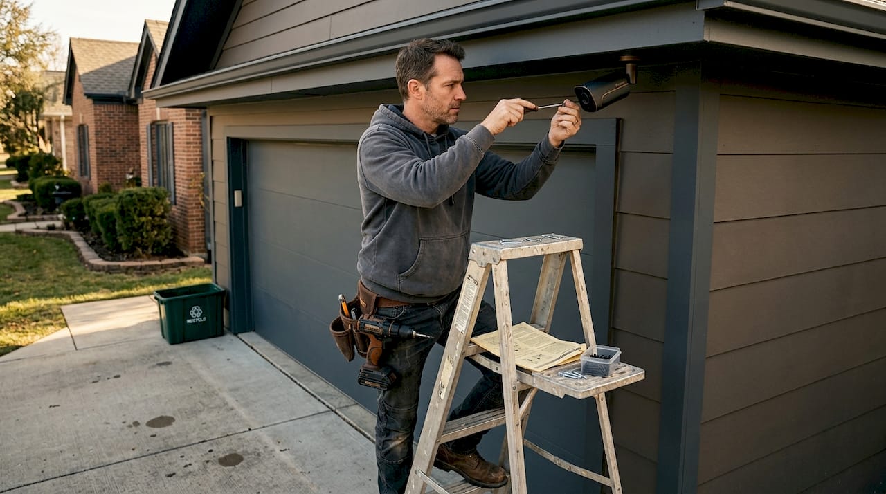 Homeowner installing outdoor security camera on ladder