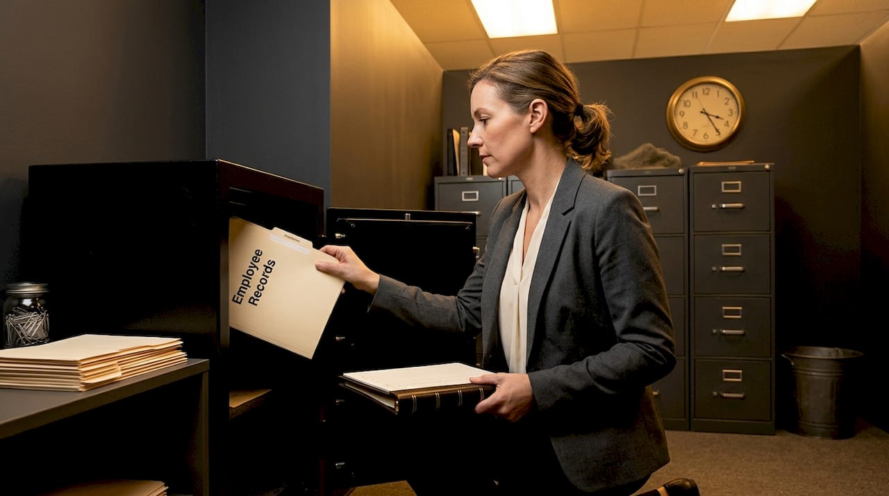 Woman retrieving files from business fireproof safe