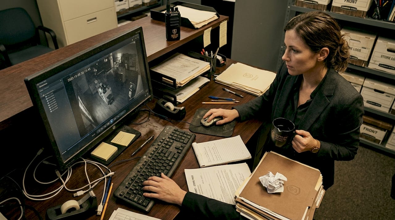 Retail manager reviewing store camera footage