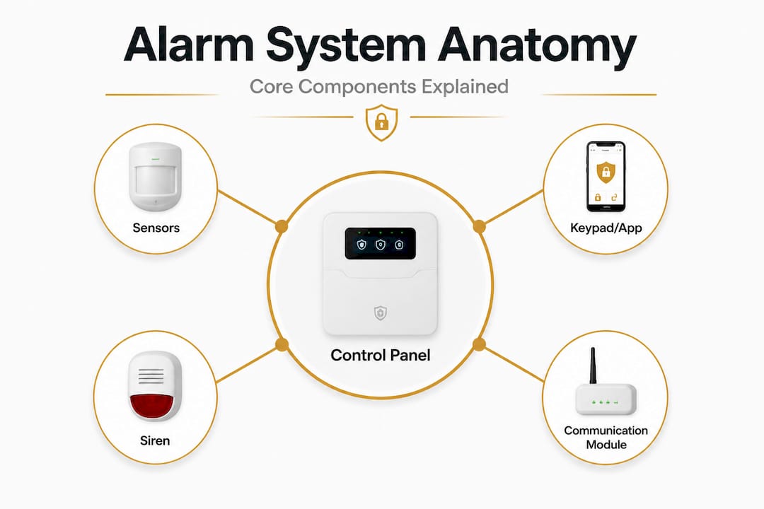 Infographic showing core alarm system components hierarchy