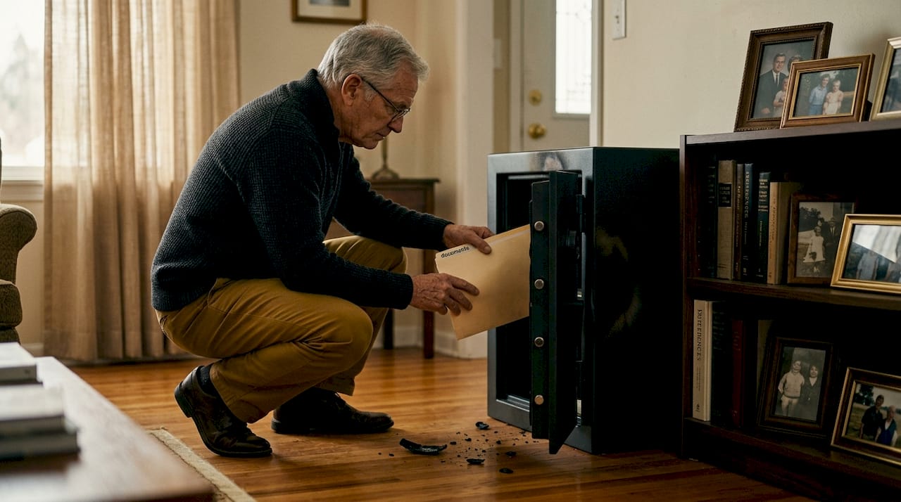 Man removing folder from fire safe after incident