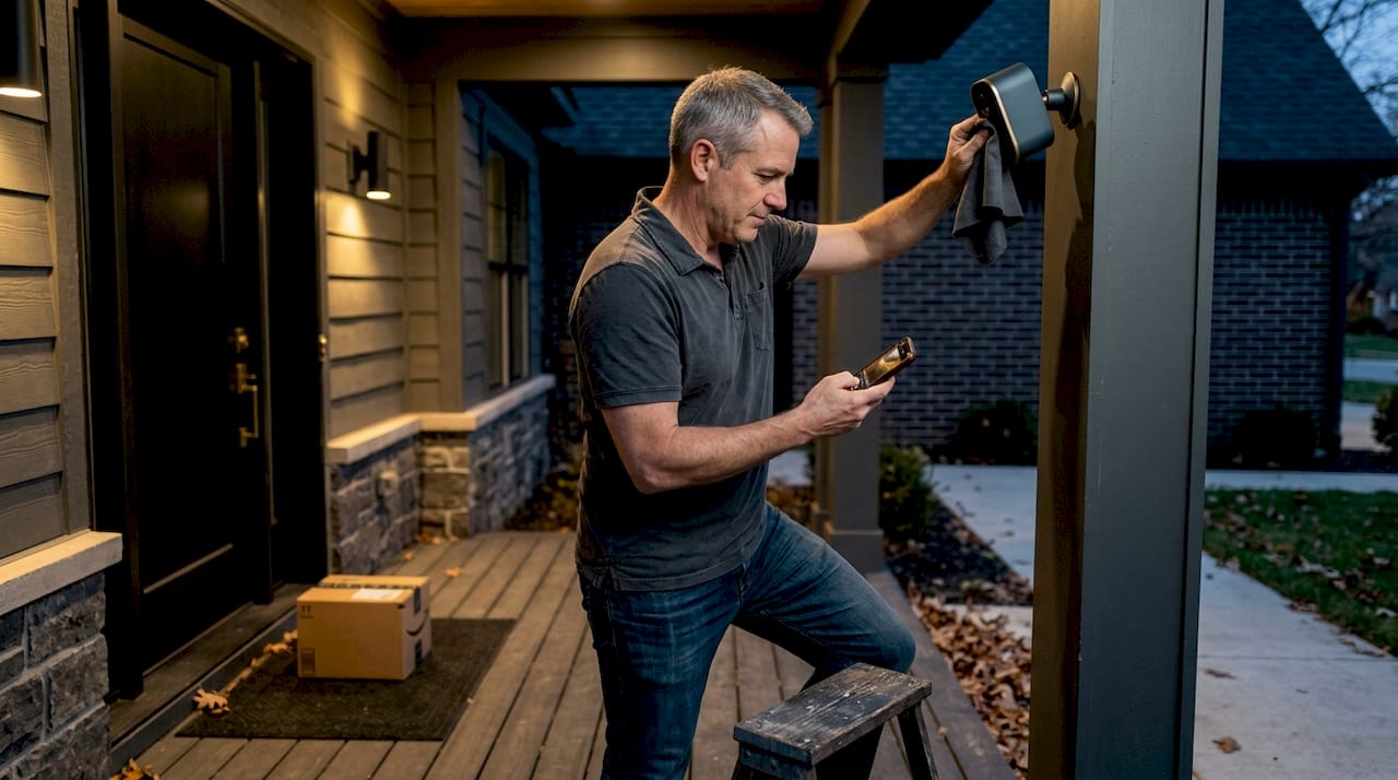 Homeowner cleaning front porch security camera