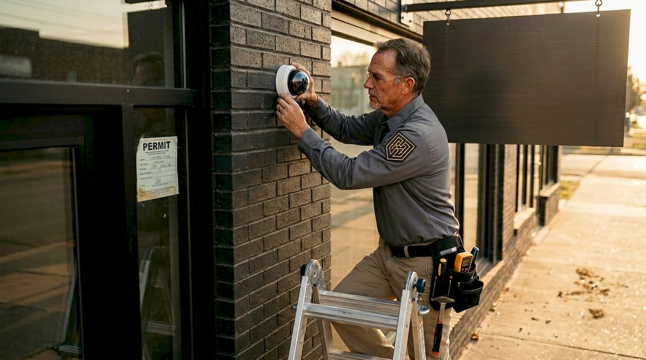 Technician installs surveillance camera outdoors