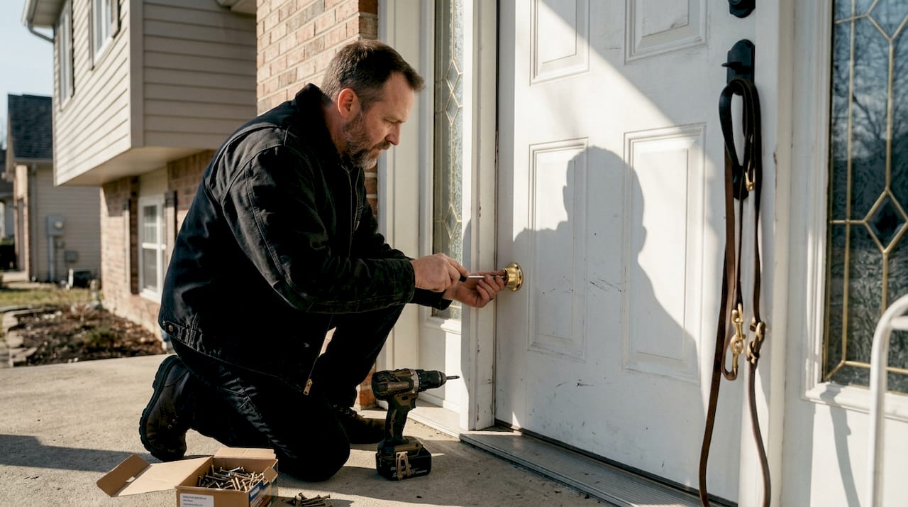 Person installing deadbolt lock on side door