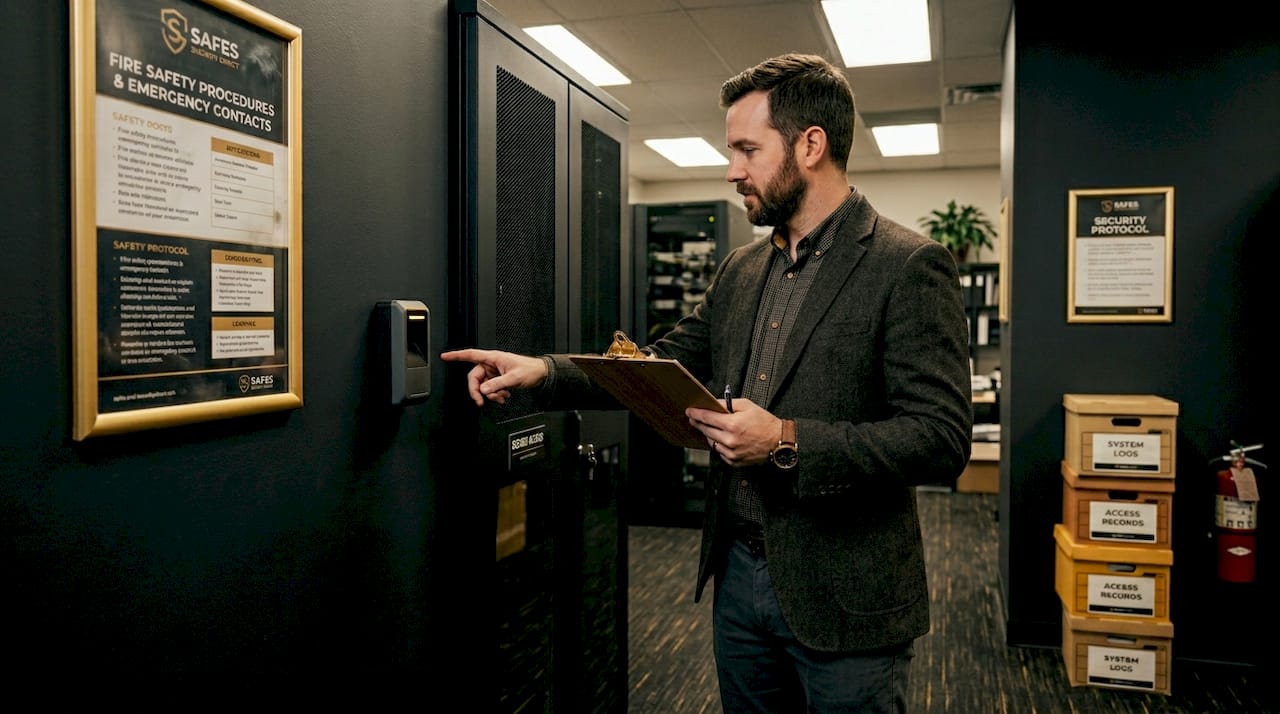 Manager inspecting server cabinet and security sensors