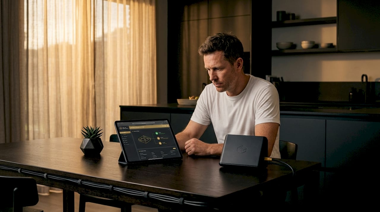 Man checking router update in kitchen