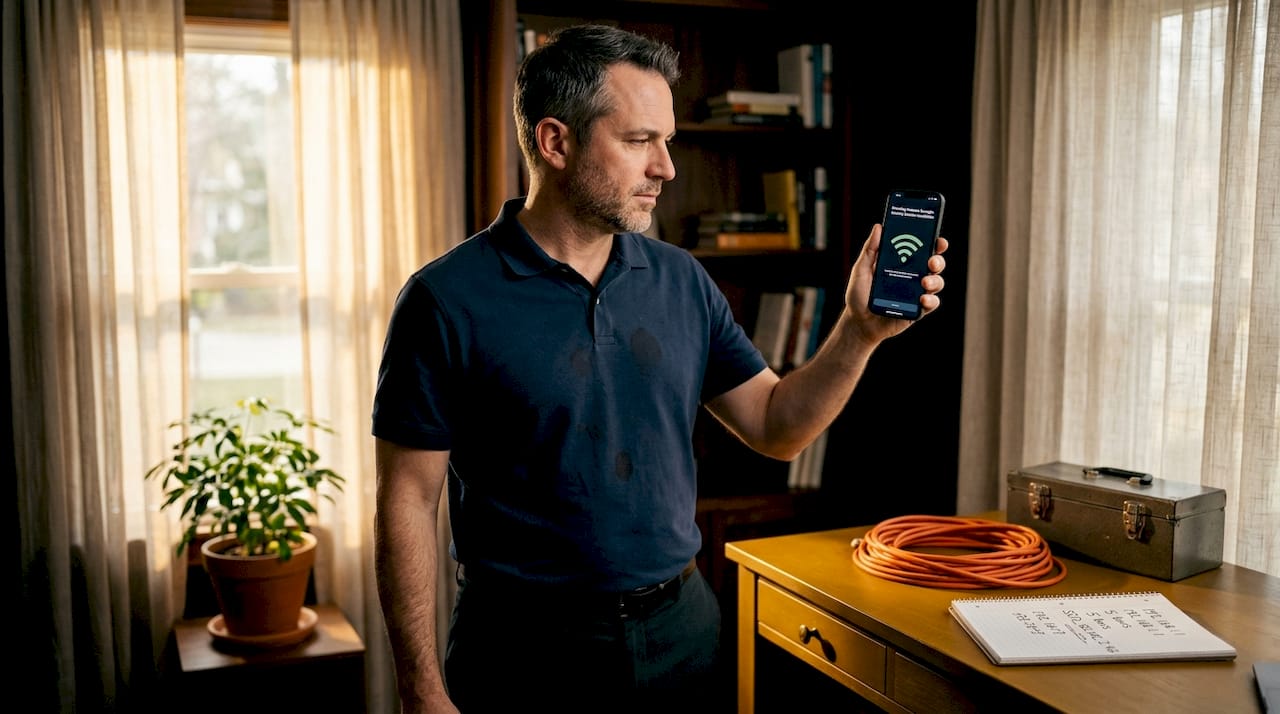 Man checking Wi-Fi for security camera install