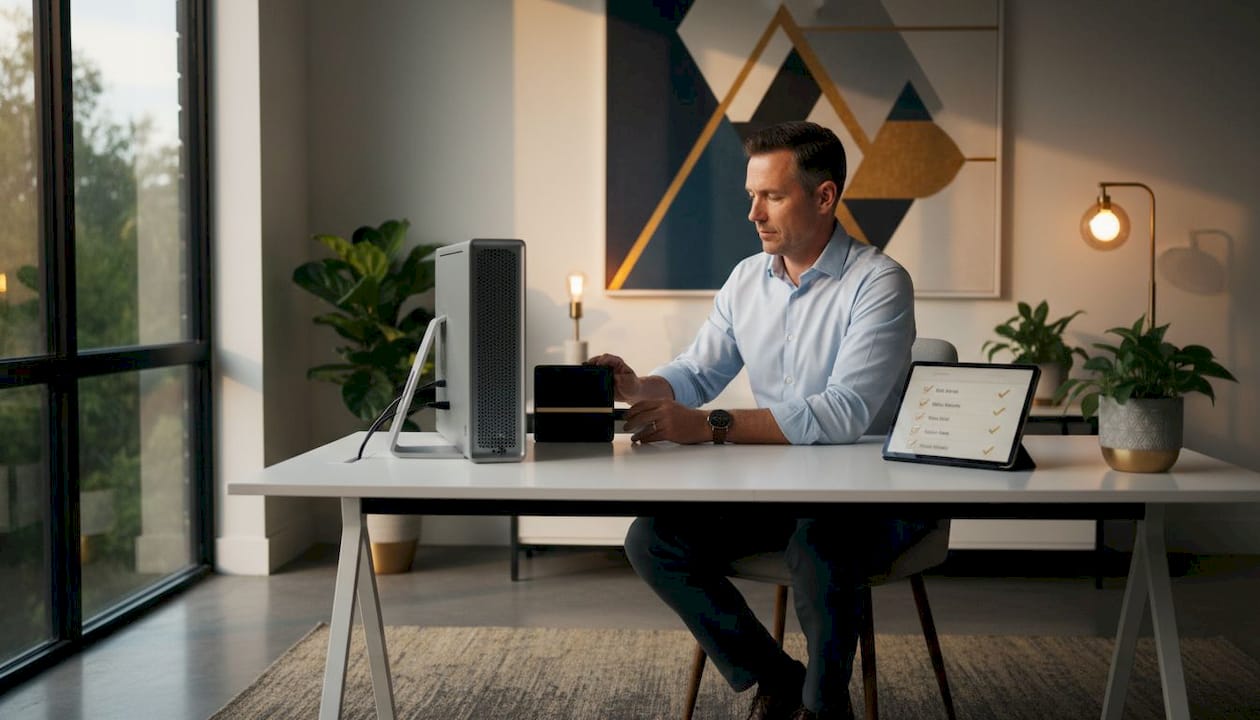 Employee sets up backup drive in office