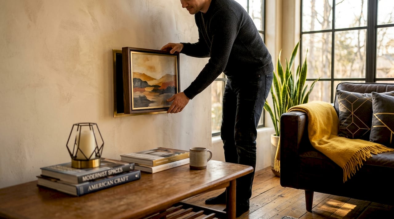 Person covering hidden wall safe in living room