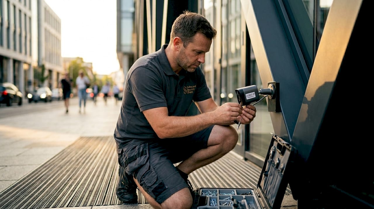 Technician installing modern edge AI camera
