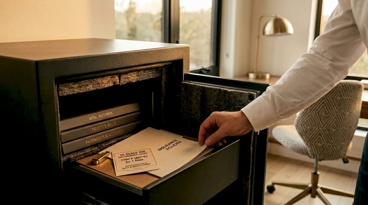 Open fire-resistant safe showing protected contents