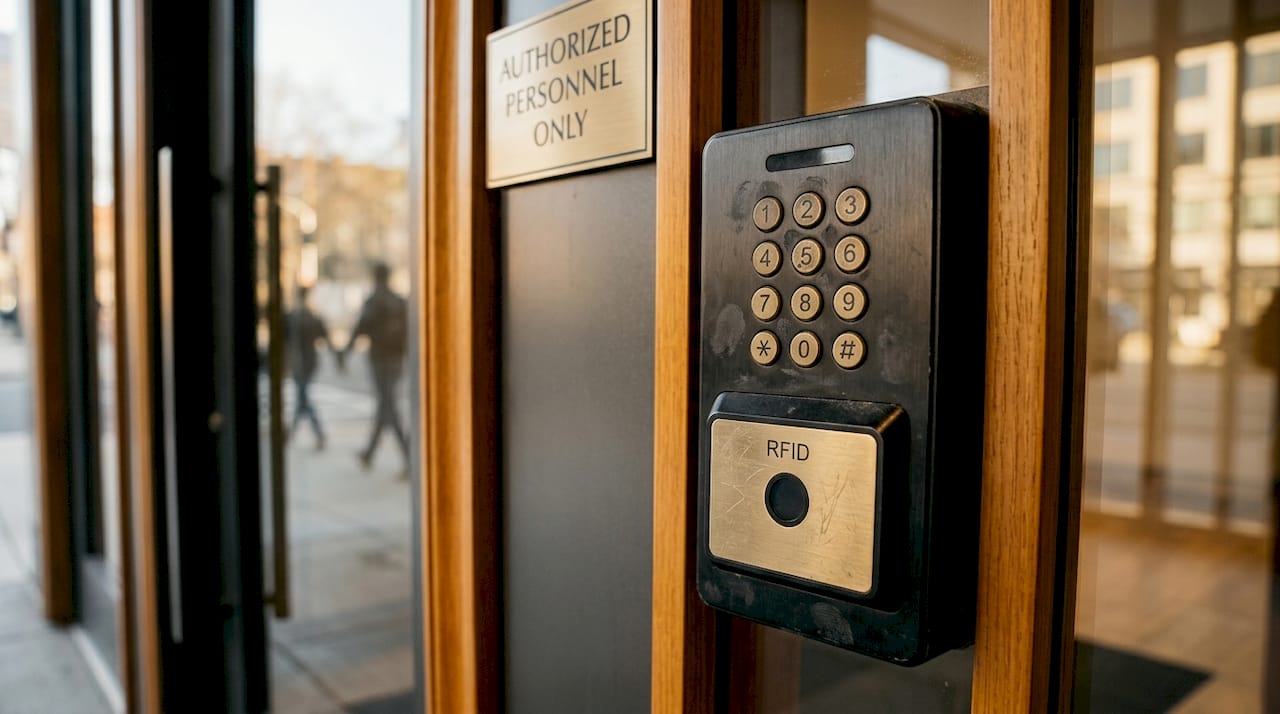 Retail store access control keypad and card reader