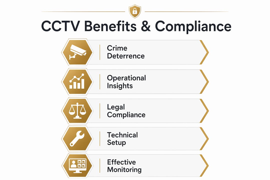 Infographic showing key CCTV benefits and compliance steps