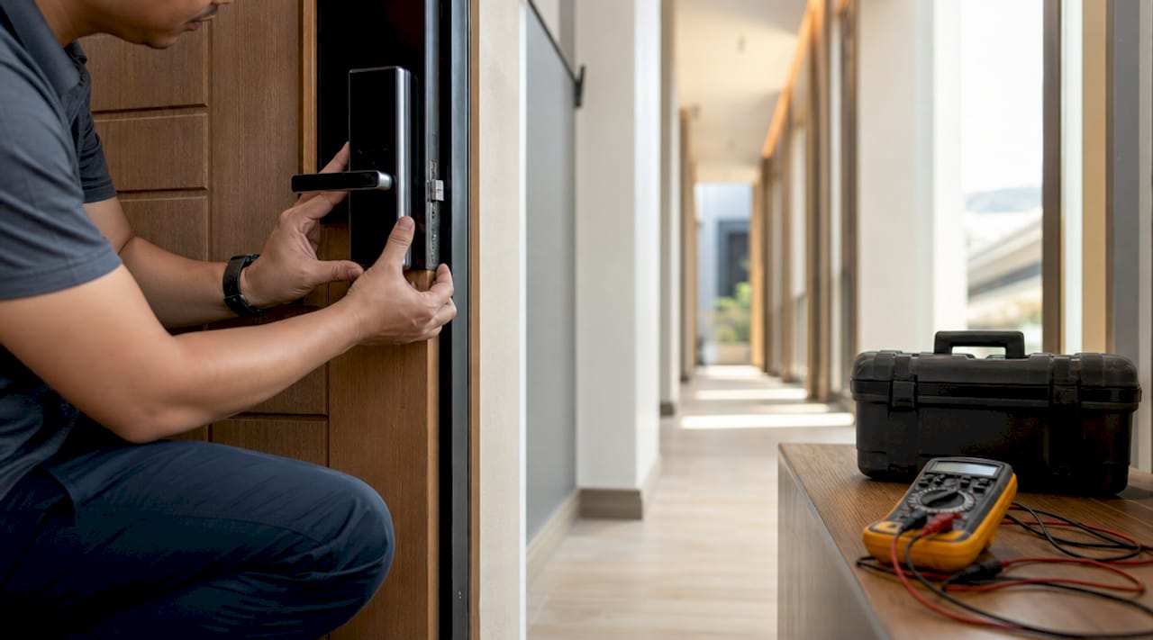 Hands installing biometric door lock device