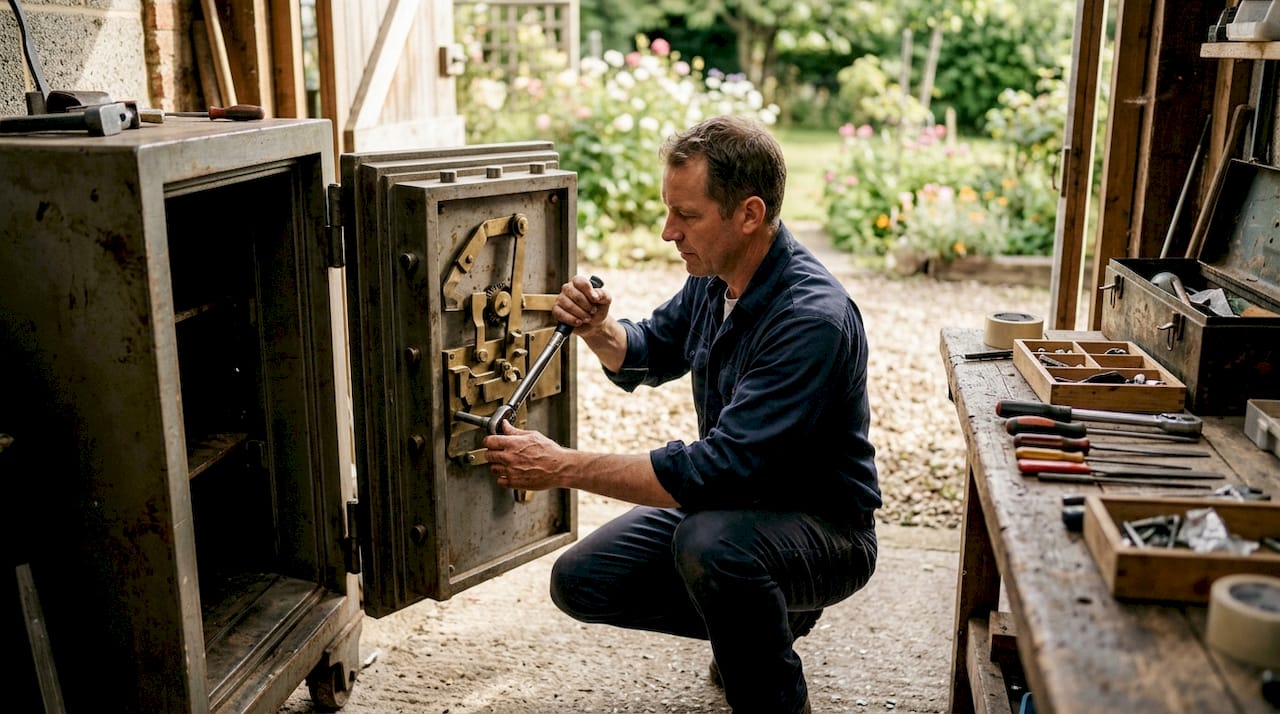 Close-up hands testing safe locking mechanism