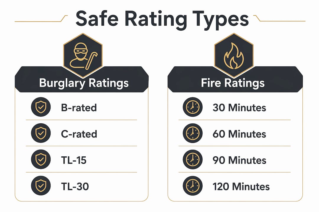 Infographic comparing burglary and fire safe rating types