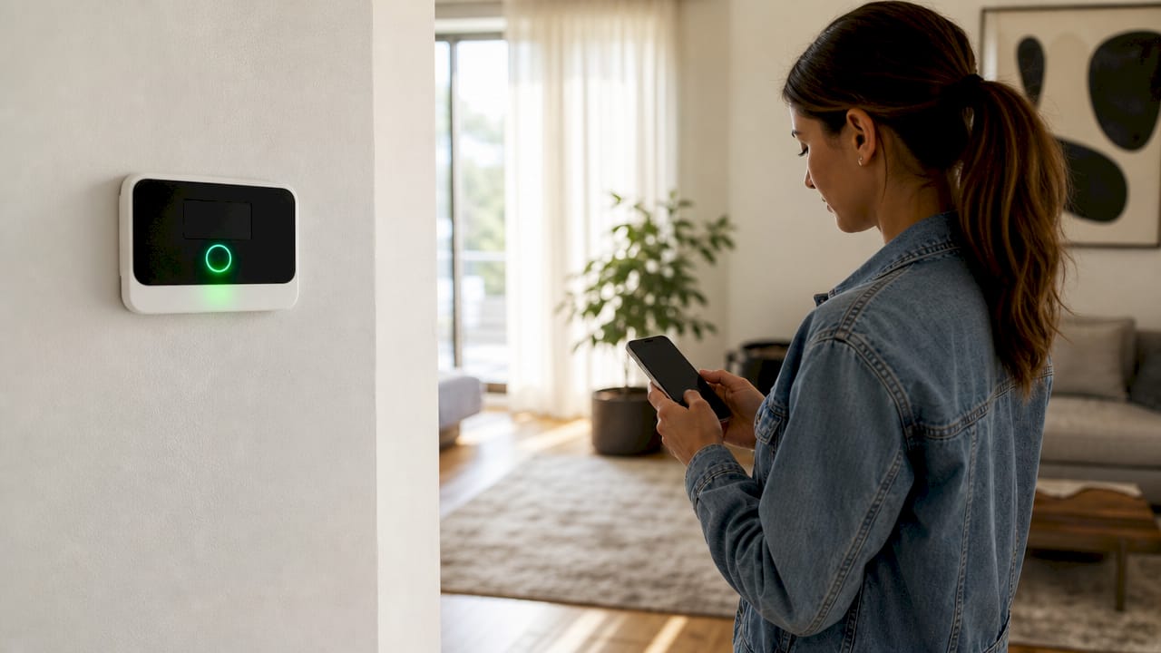Hands using alarm control panel and smartphone
