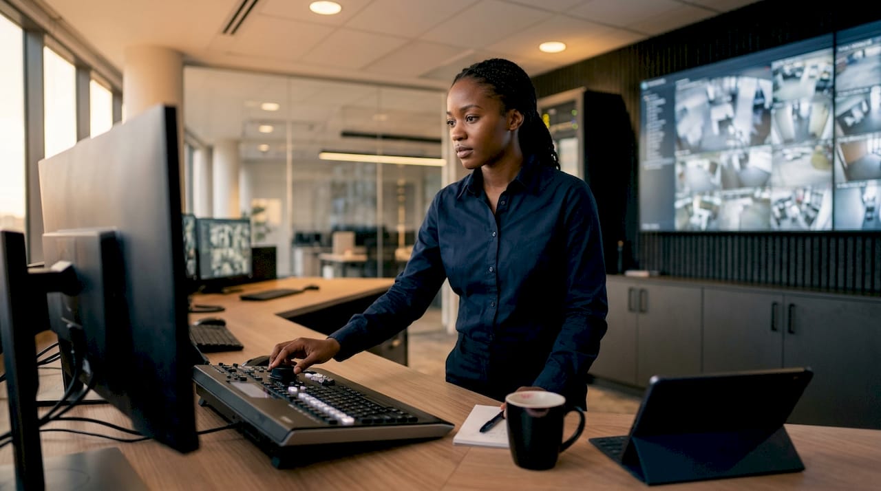 Technician controlling video surveillance system
