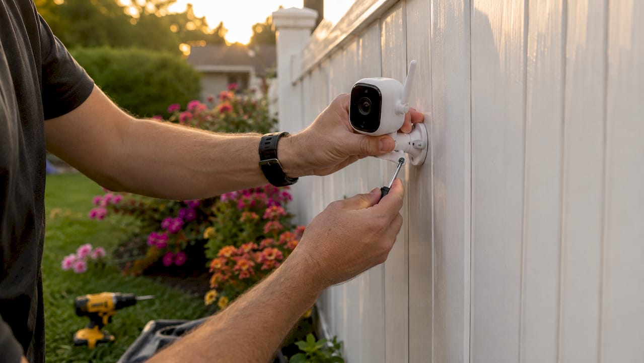 Hands installing outdoor wireless security camera