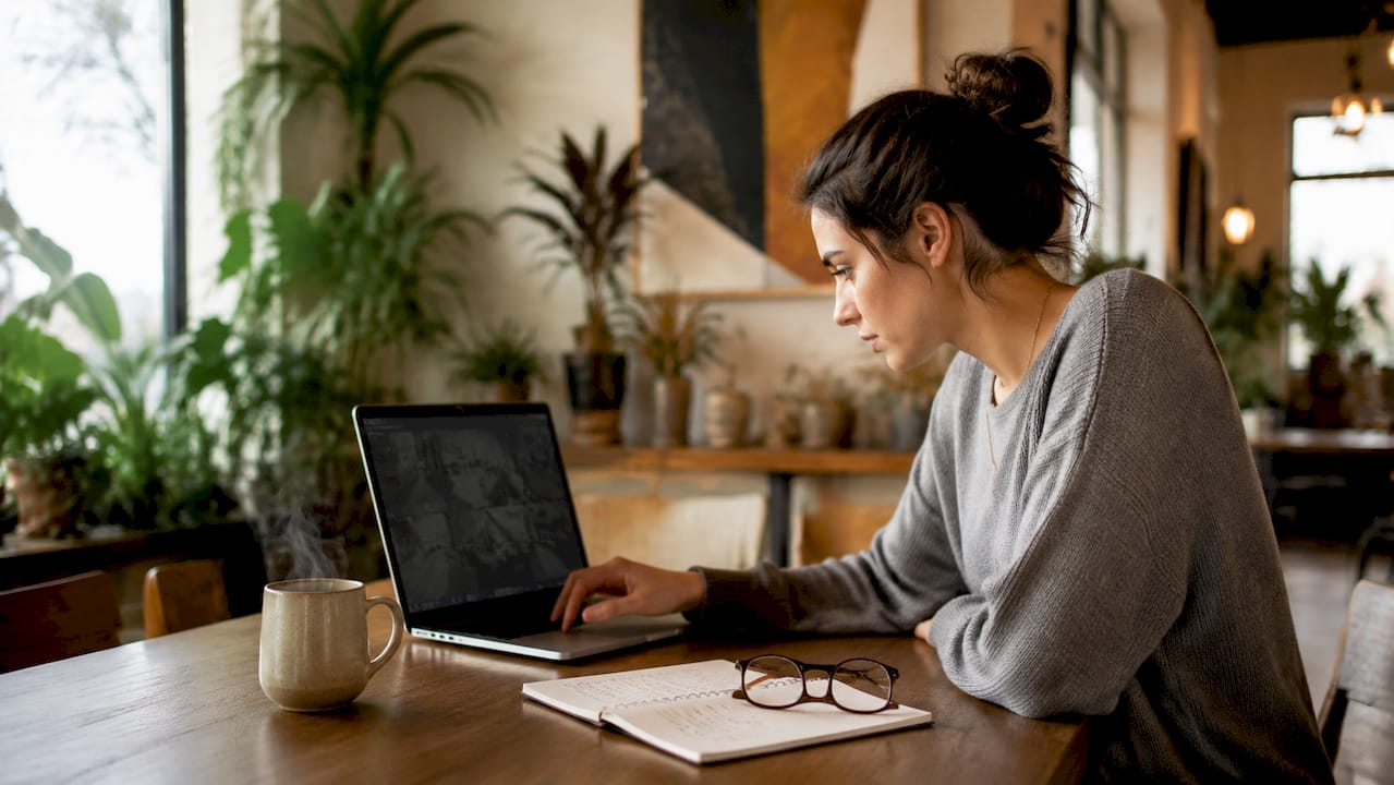 Woman reviewing security camera video on laptop